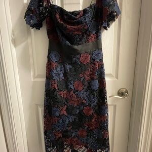 Sam Edelman Lace Off-Shoulder Dress in Black, Blue, and Red